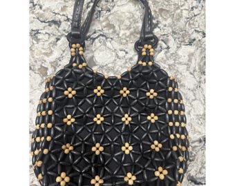 Vintage Nine West Hand Made Beaded Wood Handbag Medium Black Brown Y2k