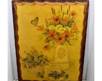 VTG Robert Laessig Floral Art Lithograph On Wood Plaque 20x24" MCM Mid Century