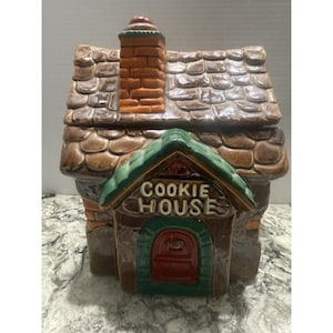 Pote para biscoitos VTG Gingerbread House Cerâmica Marrom Natal 9,5&quot;