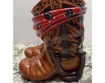 Cowboy Boots Ceramic Cookie Jar with Red Bandana Scarf & Lid Vintage
