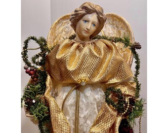 Enorme ángel navideño de 66 cm (26 pulgadas) para decoración o adorno de árbol, color dorado y marfil, religioso vintage.