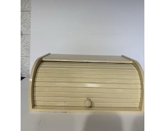 Vtg Country Wood Roll Top Door Bread Box Keeper Kitchen Rustic Solid Storage