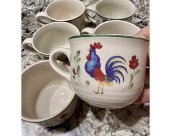 6 tazas de cerámica vintage International Tableworks con diseño de gallo, estilo campestre francés.