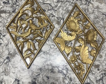 VTG 1972 Pair Burwood Diamond Birds Butterflies Wall Decor Regency MCM