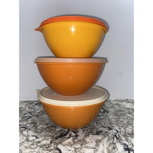 Può includere: Una pila di tre ciotole rotonde in plastica con coperchi. La ciotola superiore è giallo brillante con un coperchio arancione. La ciotola centrale è arancione medio con un coperchio arancione chiaro. La ciotola inferiore è arancione scuro con un coperchio color crema.