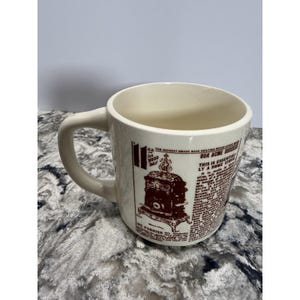 May include: Cream-colored ceramic mug with a brown graphic of a vintage stove and text. The mug has a curved handle and a wide opening. The text includes phrases like "The Highest Grade Base Heating Wood Stove" and "Our Acme Success".