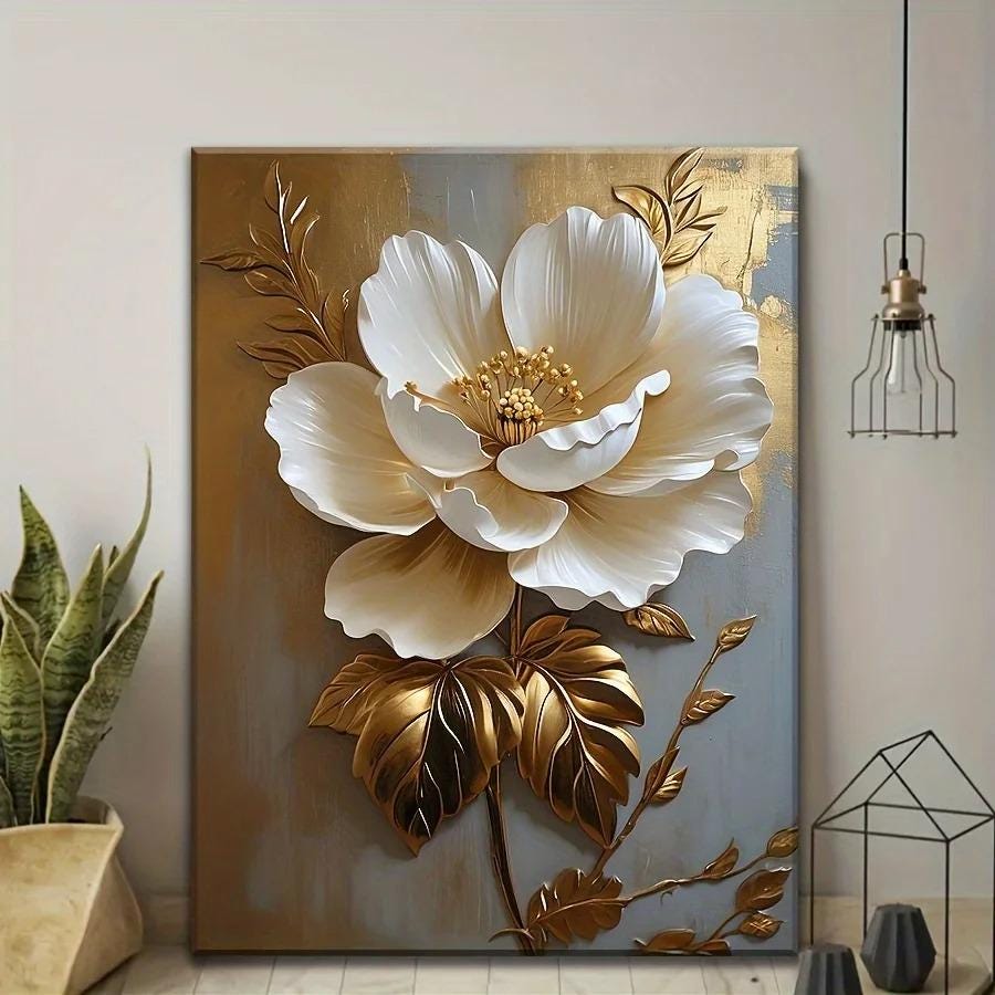 Luxury 3D Floral Wall Art | Gold & White Peony Canvas | Elegant ...