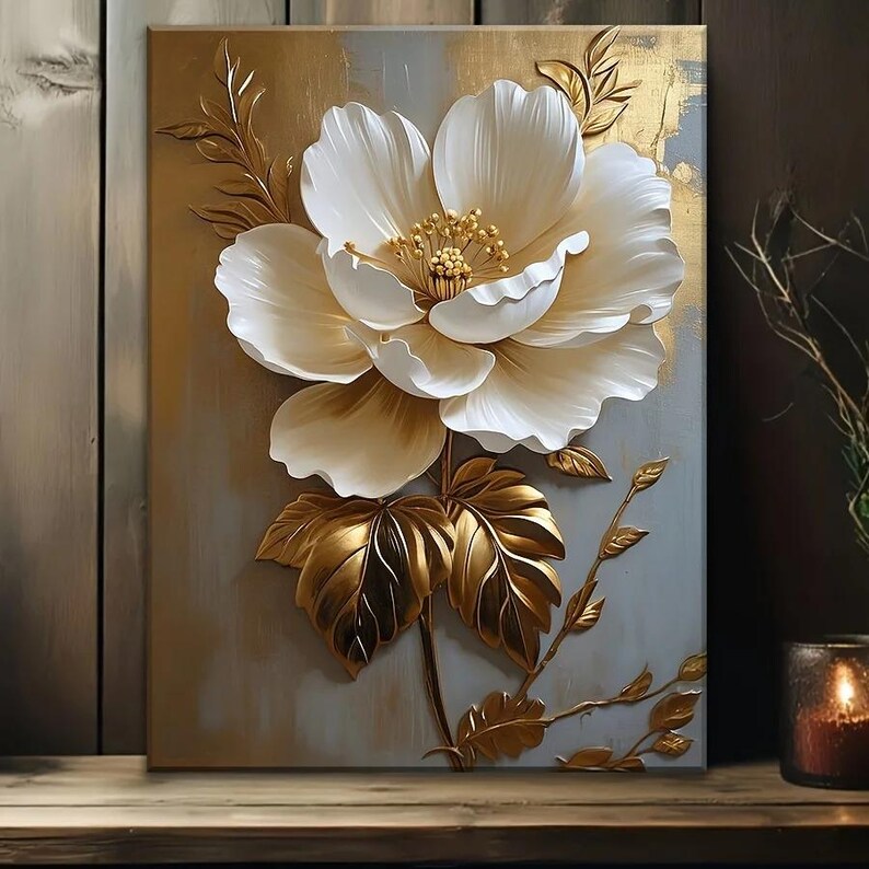 Luxury 3D Floral Wall Art | Gold & White Peony Canvas | Elegant ...