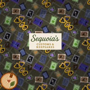 May include: A repeating pattern of stamps, lockets, and other decorative elements in shades of green, purple, and gold on a dark green background. The text "Sequoia's Customs & Keepsakes" is displayed in a white rectangle.