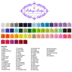 May include: A color chart with 54 different colors of ribbon. The colors are arranged in rows and columns, and each color is labeled with a number. The chart is titled "Buttercup's Boutique Fine accessories for little ladies".