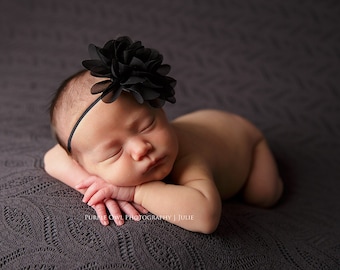 Black baby headband,  infant headband, newborn headband, black chiffon flower headband, photo prop, black flower, black headband