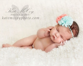 Coral aqua baby headband, infant headband, newborn headband, coral baby headband, aqua baby headband, pearl baby heaband