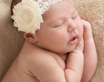 Headband, baby headband, newborn headband, infant headband, photo prop, ivory flower headband, QUICK ship, baby hair band,toddler headband