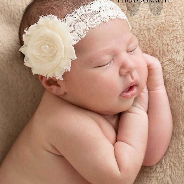 Headband, baby headband, newborn headband, infant headband, photo prop, ivory flower headband, QUICK ship, baby hair band,toddler headband