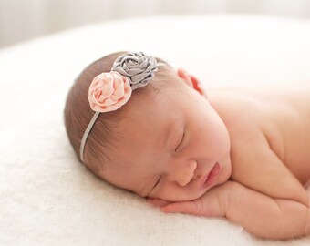 Peach baby headband, peach grey newborn headband, flower headband, hair accessories, neutral photo prop, peach headband, baby headband