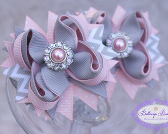 Set of 2 mini pink and grey chevron hair bows, mini layered bow