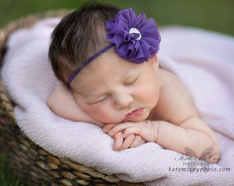 Purple headband, purple newborn headband, infant headband, photo prop, purple flower headband, purple chiffon flower, purple hairband