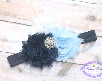 Blue baby headband, navy blue headband, newborn headband, infant headband, photo prop,  shabby flower headband, toddler headband