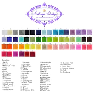 May include: A color chart with 54 different colors, numbered 1 through 54. The colors are arranged in rows of 8, with the first row starting with white and ending with purple. The chart is labeled "Color Key" and lists the name of each color.