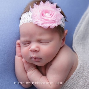 Pink and white baby headband, newborn headband, infant headband, photo prop, pink shabby headband, pink white lace headband, baby hairband