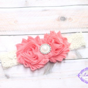 Coral baby headband, coral headband, newborn headband, infant headband, shabby flower headband, toddler headband, coral ivory headband