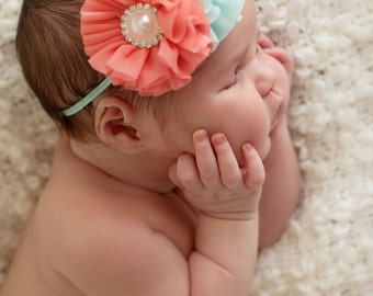 Coral baby headband, infant headband, newborn headband, coral baby headband, aqua baby headband, pearl baby heaband