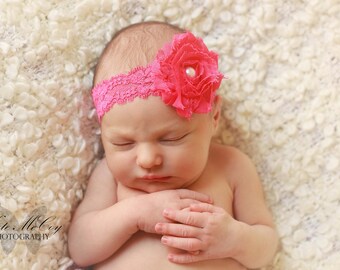 Infant headband, baby headband, pink shabby flower with pearl on elastic headband