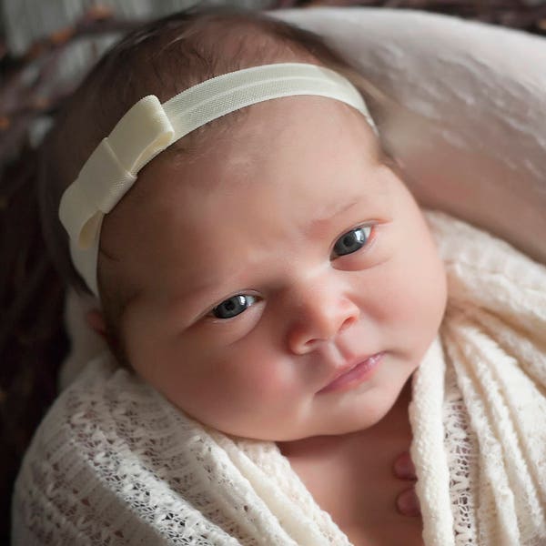 Ivory headband, soft baby headband, bow headband, baptism headband, ivory baby headband, infant headband, photo prop, baby head bows