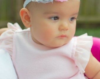 Pink and gray baby headband, baby hair bow, newborn photo prop, newborn headband, pink gray baby headband, pink grey infant headband
