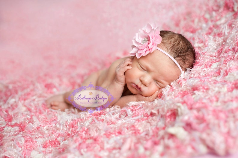 Pink headband, baby hairband, light pink baby headband, baby hair bow, infant headband, newborn headband, pink flower headband, photo prop, image 2