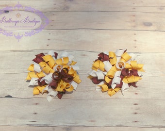 Burgundy yellow hairbow, sports bow, mini korker set, hair bow, hair clip, mini korker, mini korker set, football hairbow, team hair bow,