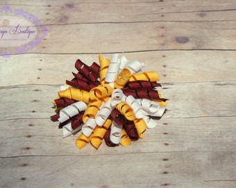 Maroon yellow hair bow, burgundy yellow bow, football hair bow, football hair clip, sports hair bow, team hair bow, sports korker bow