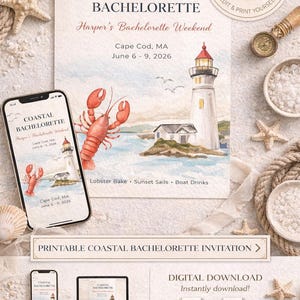 Könnte beinhalten: Küsten-Junggesellinnenabschiedseinladung mit einer Aquarellillustration eines Leuchtturms, eines Hummers und einer Meereslandschaft. Die Einladung enthält den Text "Coastal Bachelorette" und Veranstaltungsdetails. Digitaler Download verfügbar.
