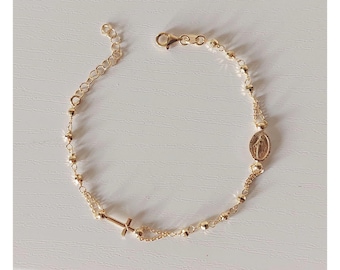 Rosary bracelet, Gold plated rosary bracelet, Miraculous medal bracelet, One decade bracelet, Beaded catholic bracelet, Lady of Grace charm