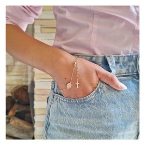 Rose Gold Rosary Bracelet: Zircon Cross & Miraculous Medal