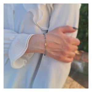 Blue Crystal Rosary Bracelet: Rose Gold Cross & Miraculous Medal