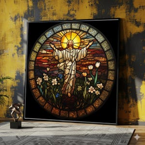 Inspirational Jesus Christ Stained Glass Style Canvas, Religious Wall Art, Christian Home Decor, Spiritual Canvas Print, Circular Design