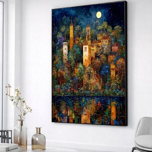 Enchanted Night Village Canvas, Moonlit Town Reflection, Fantasy Landscape Art