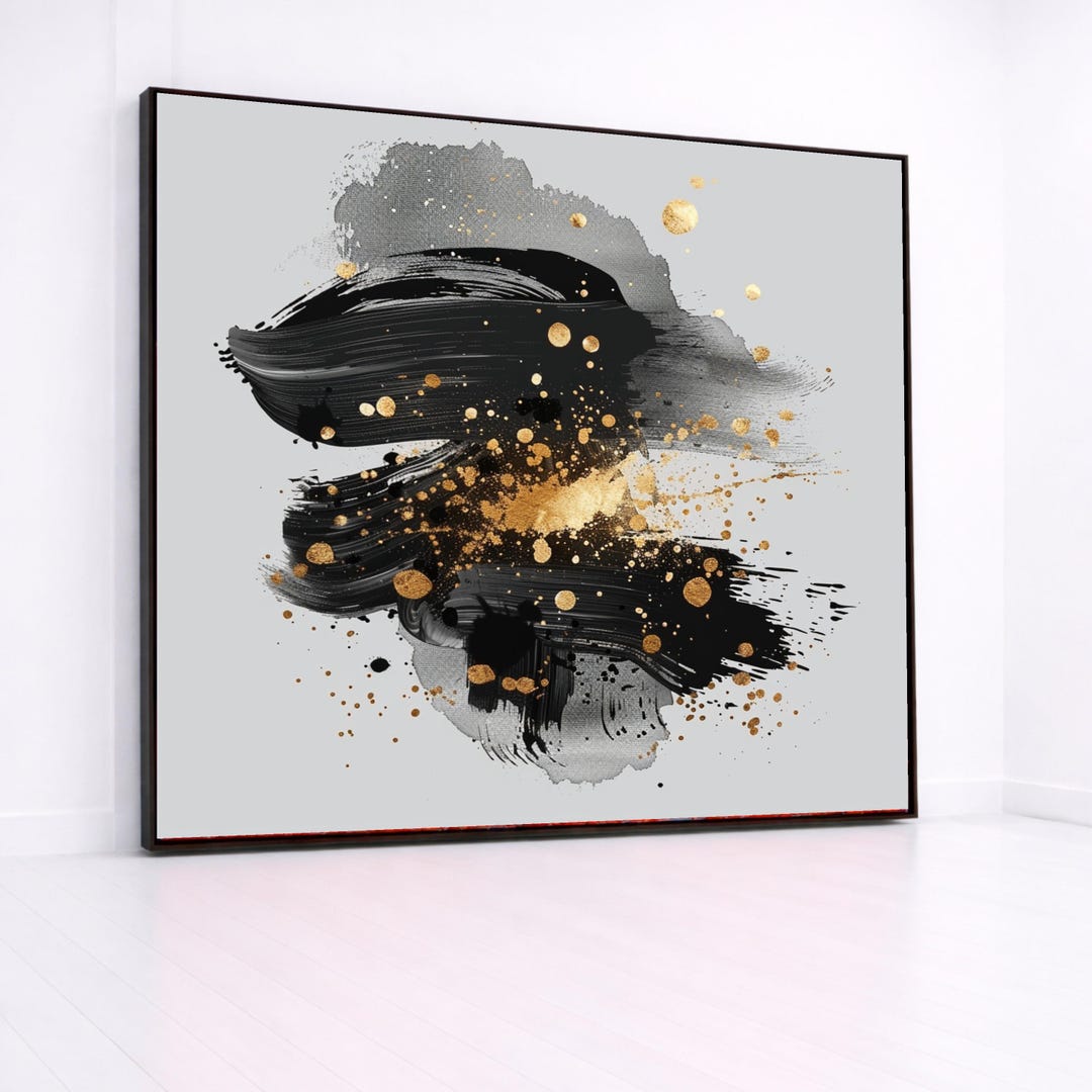 Black and Gold Abstract Canvas, Modern Brush Stroke Wall Art, Elegant ...