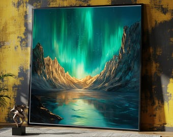 Nordlichter über Bergsee Leinwand, Aurora Borealis Wandkunst, Malerische arktische Landschaft, Naturreflexion Leinwand, fertig zum Aufhängen