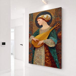 Lienzo de mujer medieval tocando el laúd, retrato de músico vintage para pared, decoración de estilo europeo.