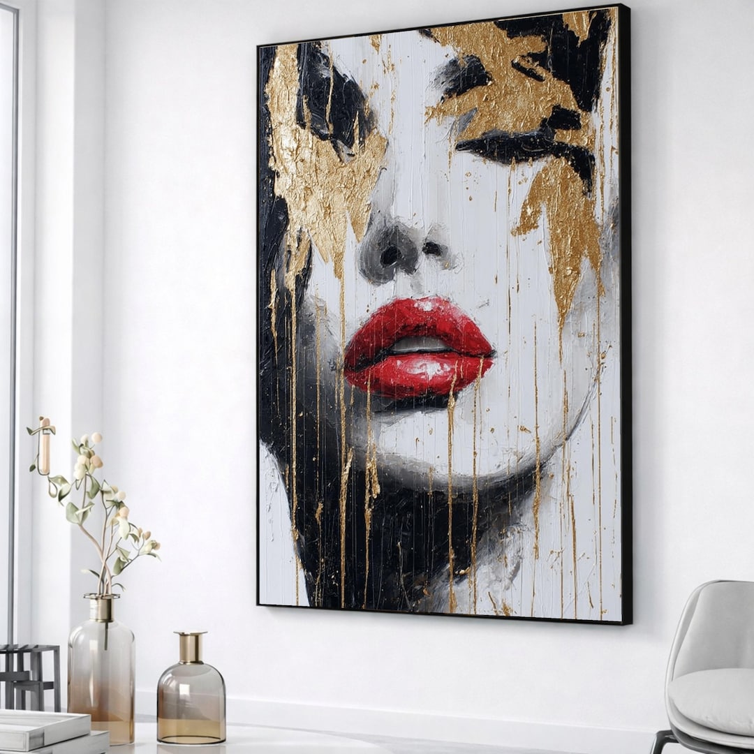 Glamorous Woman Portrait Canvas, Gold Accent Wall Art, Red Lips ...
