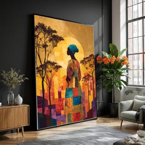 African Woman Silhouette Canvas, Colorful Patchwork Dress Art, Sunset Landscape Wall Art, Ethnic Home Decoration, Vibrant Cultural Canvas