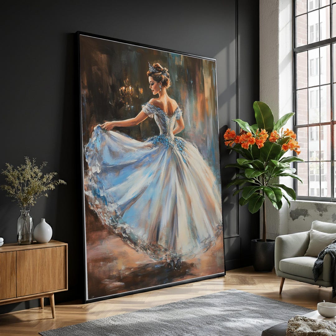 Elegant Ballerina in Blue Gown Canvas Wall Art, Romantic Dance Painting ...