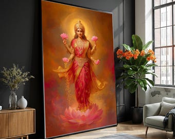 ヒンドゥー教の女神ラクシュミのキャンバス画、スピリチュアルな壁