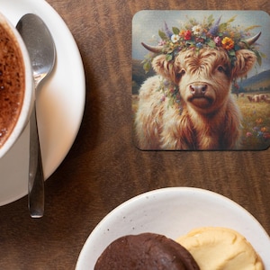 Coaster Set, Floral Highland Cow Cork Coasters, Rustic Country Decor, Cow Lover Gift, Kitchen Accessory, Eco-Friendly Coasters