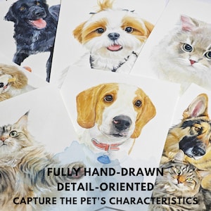 May include: Watercolor portraits of various pets, including dogs and cats, are displayed. The artwork is fully hand-drawn and detail-oriented, capturing the pet's characteristics. The portraits feature a range of breeds and colors.