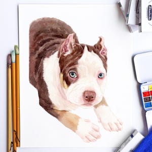 May include: Watercolor painting of a puppy with brown and white fur, and blue eyes. The puppy is lying down, looking towards the viewer. Paintbrushes and a watercolor palette are visible in the background.