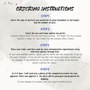 May include: A guide titled "ORDERING INSTRUCTIONS" with steps for custom pet portraits. Step 1: Choose portrait type and number of pets. Step 2: Select size and frame. Step 3: Send customization details. Step 4: Artwork approval and shipping.