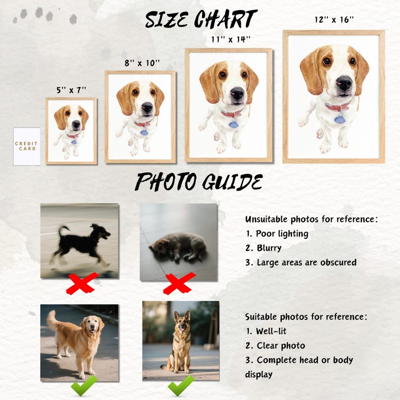 May include: A size chart and photo guide for custom pet portraits. The size chart shows framed watercolor portraits of a dog in various sizes: 5" x 7", 8" x 10", 11" x 14", and 12" x 16". The photo guide shows examples of suitable and unsuitable photos.